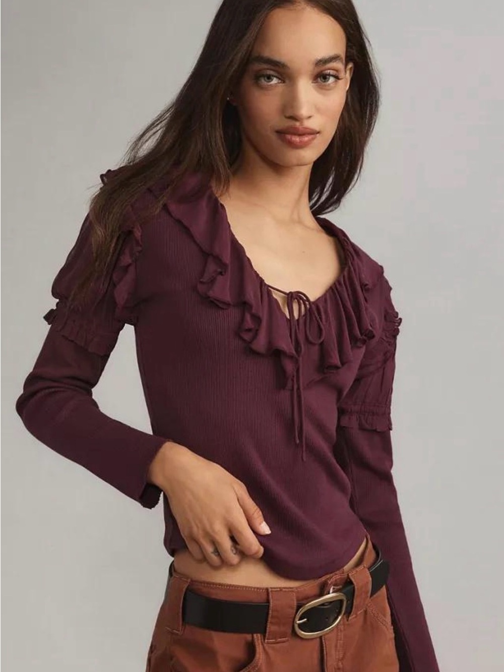 Anthropologie Ruffled Knit Top — Plum Size M